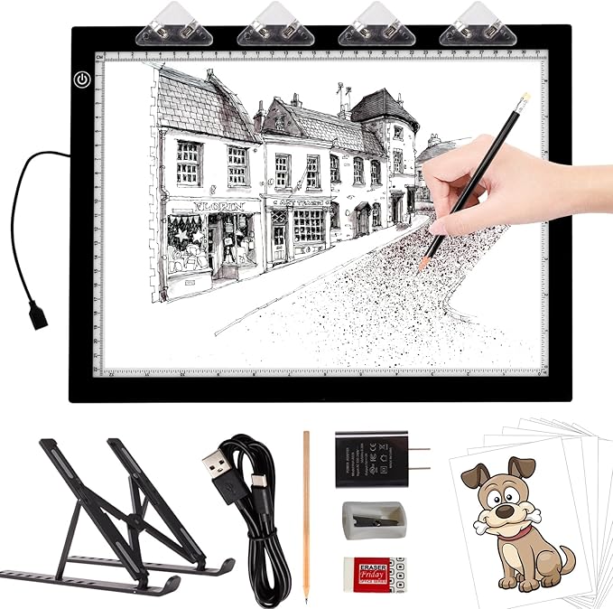 A4 Light Pad with Foldable Stand, UL Certified Adapter, 8000 Lux Super Bright Ultra Thin Pad for Cricut Weeding Vinyl, Artist Drawing Light Box/Board/Table for Tracing, Sketching - Black