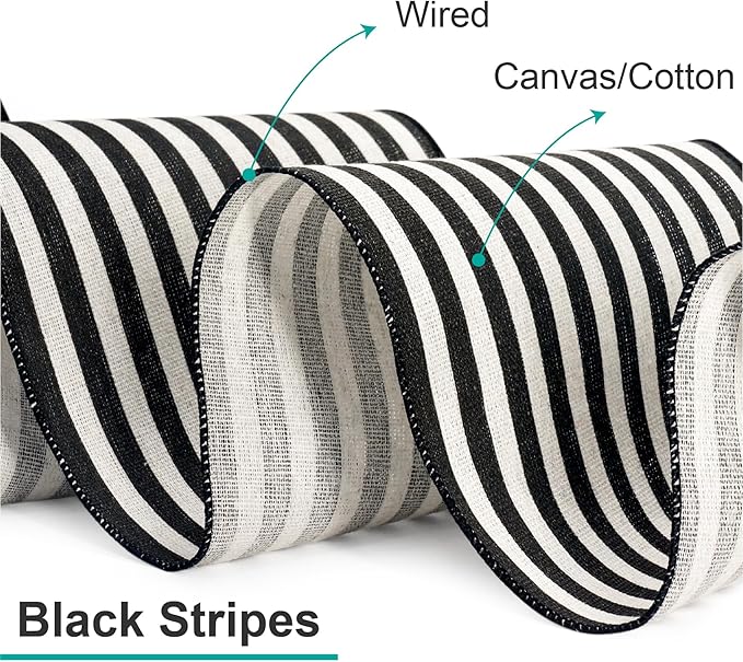 CT CRAFT LLC Striped Canvas Cotton Ribbon 6" x 10 Yards Ivory/Black Stripes for Thanksgiving Christmas Home Décor Gift Wrapping Outdoor Tree Topper Bow Wreath