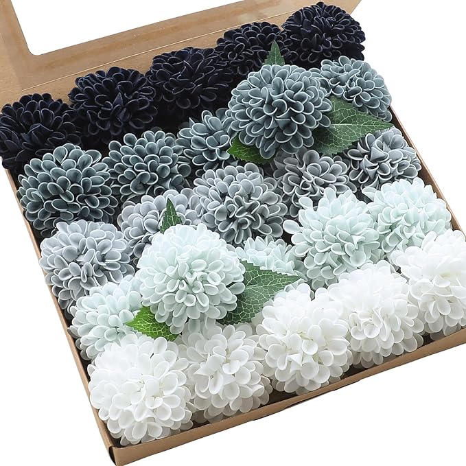 Floroom Artificial Dahlia Flowers 25pcs Real Looking Blue Shades Foam Fake Roses with Stems for DIY Wedding Bouquets Bridal Shower Centerpieces Floral Arrangements Party Tables Home Decoration