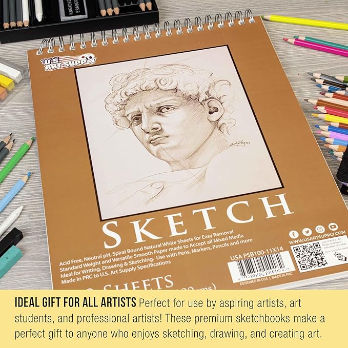 U.S. Art Supply 11"x14" Top Spiral Bound Sketch Book, 2 Pack, 100 Sheets Each, 60lb (100gsm), Acid-Free, Artist Sketchbook, Drawing Pad for Adults & Students