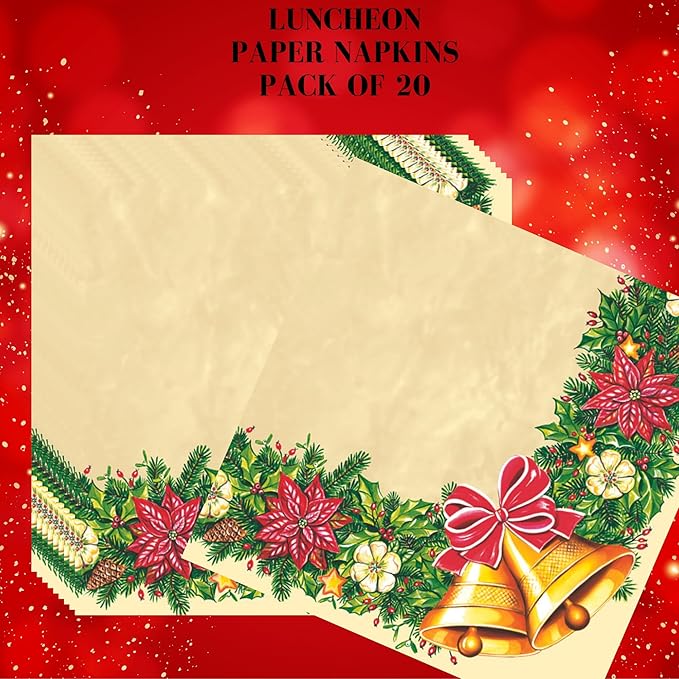 20-ct 13x13 Christmas Paper Decoupage Napkins, 3-Ply Servilletas Tissue Napkin for Dinner and Parties, Disposable Napkins (Bells)
