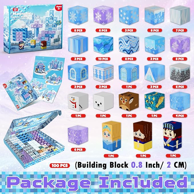 Magnetic Blocks - 100PCS Magnetic Building Block for Kids Age 3+, Transparent Magnet Cubes Blue Castle Princess Building Toy Sets, STEM Magnets Toys Birthday Gift for Boys Girls 4 5 6 7 8 9 10 11 12+