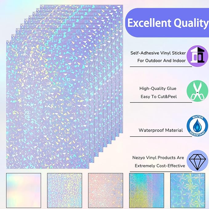 60 Sheets Holographic Laminate Sheets Clear Glitter A4 Size Vinyl Sticker Paper Holographic Overlay Self Adhesive Waterproof Film, 11.7 x 8.3 Inch (Gem, Rainbow, Spot, Star, Sand Star, Wind Mill)