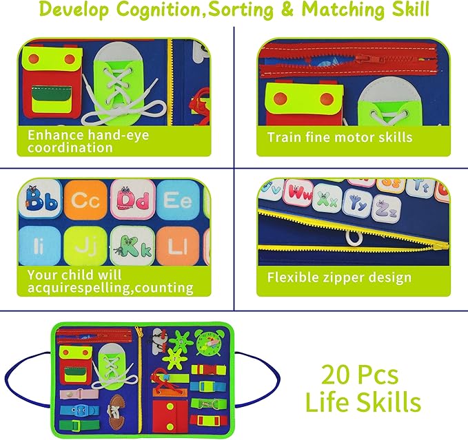Dinosaur Montessori Learning Toy for Toddlers Ages 1-4 Years, Busy Sensory Board with Educational Activities, Travel-Friendly Developmental Skills Toy
