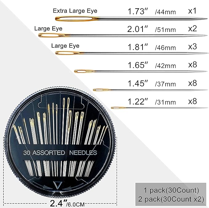 60 Pack, Premium Sewing Needles for Handsewing, Assorted Sizes, 6 Sizes Sewing Sharp Needles, 6 Pcs Big Eye Hand Sewing Needles, Sewing Needles Large Eye, Embroidery Needles for Hand Sewing