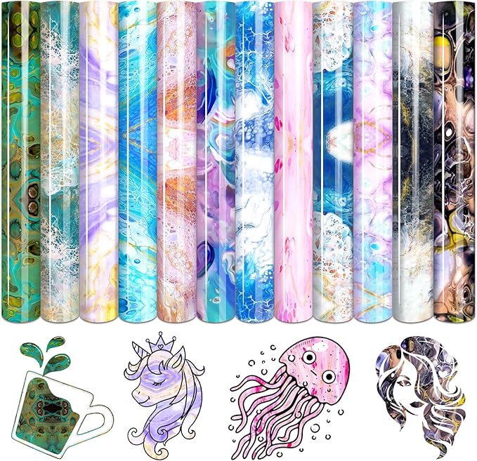 Tintnut Liquid Marble HTV Vinyl - 12 Sheets 10 x 12 Inch Watercolor Marble Heat Transfer Vinyl Pattern HTV Iron on Vinyl T-Shirts DIY Compatible with Cricut or Silhouette Cameo