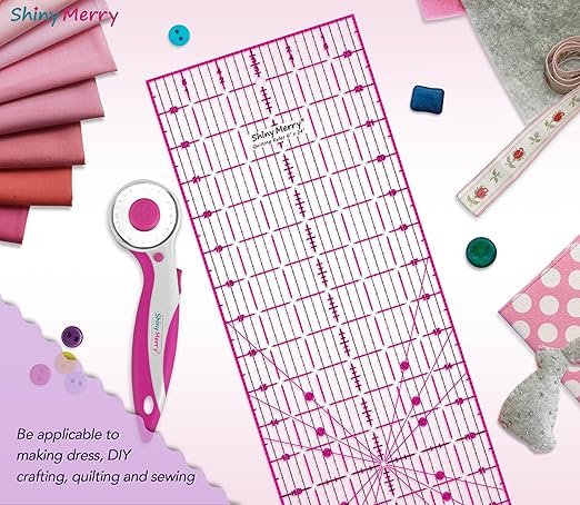 Quilting Ruler 6"x24",Non-Slip Clear Acrylic Sewing Ruler with Easy-to-Read Grid,Pink & Black Grid Design,Perfect for Fabric,Patchwork,Cutting & Sewing Crafts,Durable Tool for Quilting