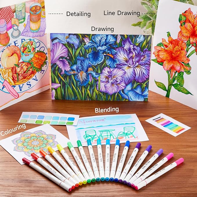 Shuttle Art Dual Tip Brush Marker Pens, 105 Colors Fine and Brush Tip Markers Set in Portable Case with 1 Coloring Book for Kids, Water-based Ink Adult Artist Coloring Calligraphy Journal Doodling