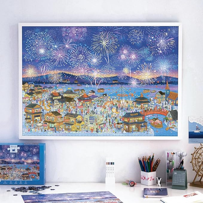 MOMIBOOK Puzzles for Adults 2000 Pieces Jigsaw Puzzles of Fireworks Night Tour, Colorful Powder Painting Image Chinese Twon Challenging Hard Impossible Puzzle Unique Party Christmas Birthday Gifts