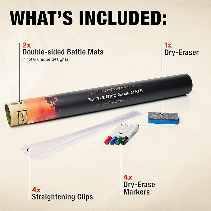 TIDYBOSS d&d Starter Set | 2 X Double Sides 4 Terrains 24x 36 Game Grid Mat | DND Accessories Includes Dry Erase Markers, Eraser and Clips