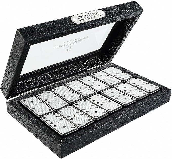 Bucher&Rossini Metal Surface Dominoes Set Double 6 - Classic Black Domino's Game Set with Silver Metal Surface for Adults and Kids Ideal Gift for Domino Players or Family Game Night