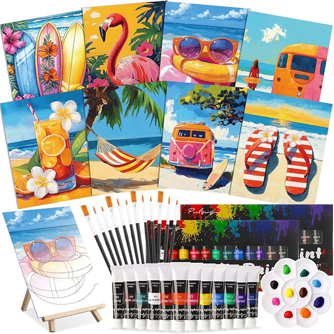 Cholemy 36 Pcs Paint and Sip Kit for Adults 8''x10'' Pre Drawn Canvas for Painting DIY Afro Acrylic Painting Kit Wood Easel Brushes Date Night Bulk for Christmas Party Gifts(Hawaii)