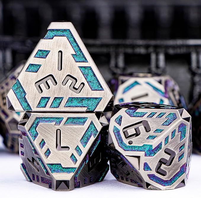 Metal DND Sci-fi Dice Set 7PCS Stripe Polyhedral Dice for Dungeons Dragons RPG Role Playing Game, Glitter D and D Dice with Gift Box D6 D8 D10 D12 D20 (Grey&Purple Green)