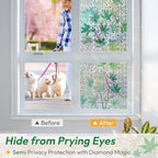 rabbitgoo Rainbow Window Privacy Film Decorative Stained Glass Diamond Pattern Window Sticker with Iridescent Tint Non-Adhesive Static Cling for Home Office Bathroom, Green Leaf 17.5 x78.7 inch