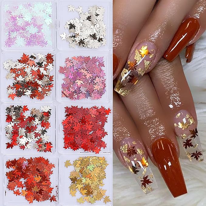 Thanksgiving Glitter Maple Leaf Nail Sequins Fall Nail Flakes Design Nail Charms Holographic Laser Mixed Color 3D Confetti Nail Glitter Sequins for Women