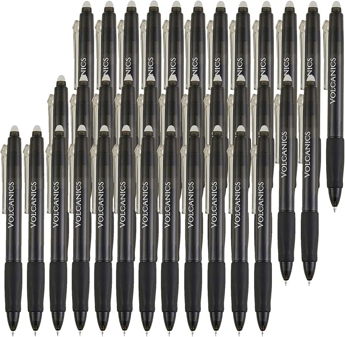Volcanics Retractable Clicker Erasable Gel Pens - 0.7mm Ball Point, Heat Erase with Built-in Eraser, 36 Pack Black