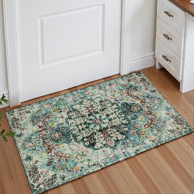 Lahome Boho Bohemian Area Rug - 2x3 Small Washable Bathroom Entryway Kitchen Rug,Floral Medallion Non Slip Pet Friendly Vintage Throw Carpet for Indoor Front Door Sink Living Room Bedroom,Teal