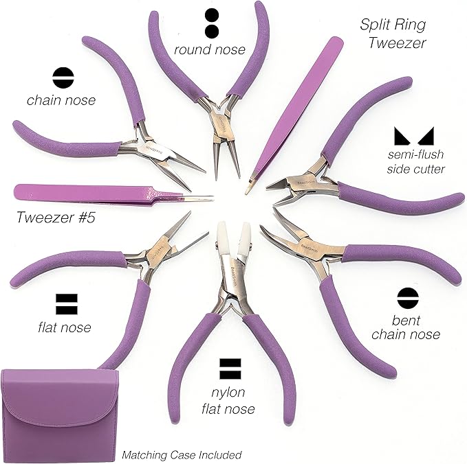 The Beadsmith Fashion Color Pliers – Set of 8 Slimline Color-Coordinated Tools – Matching Clutch in Orchid – Jewelry Making Supply Kit to Create Necklaces, Bracelets, Earrings & More