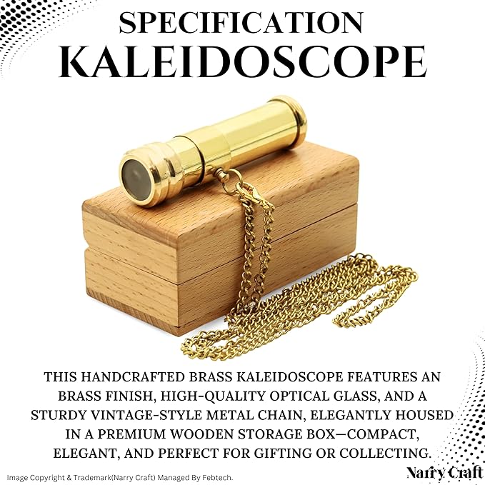 Brass Kaleidoscope with Wooden Box | Handcrafted Vintage Kaleidoscope with Optical Glass Lens & Wooden Storage Box – Collectible Gift for Kids & Adults (Golden/Brass, Small)