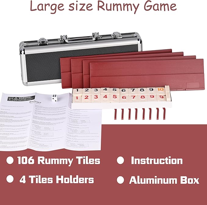 Doublefan Rummy Cube 4 Player Edition, 106 Rummy Cube Game Set with with 4 Plastic Racks in Portable Aluminum Case, Classic Board Game for Adults and Elderly.