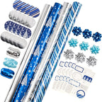 WRAPAHOLIC Blue Christmas Wrapping Paper Set - Blue and Silver Metallic Foil Shine Christmas Wrapping Paper Bundle with Gift Bow & Ribbon & Tag & Sticker