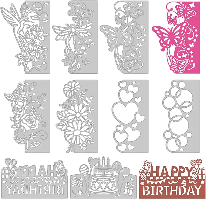 9PCS Die Cuts for Card Making Metal Cutting Dies Flower Butterfly Dragonfly Bird Bubbles Love Heart Happy Birthday Cake Cutting Embossing Stencil Template DIY Paper Cards Album Decoration