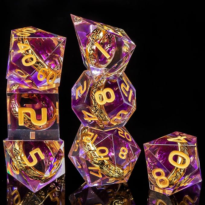 OUKELANWO Magic Lord Rings DND Dice Set with Box, 7Pcs Resin LOTR D&D Dice Set for Role Playing Game, Purple Gold Dungeons Dragons D and D Sharp Edge Dice D20 D12 D10 D8 D6 D4