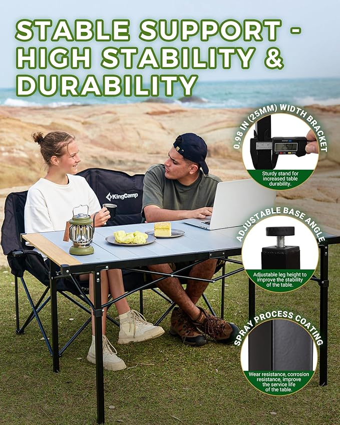 KingCamp Aluminum Folding Lightweight Roll Portable Stable Table for Camping Picnic Barbecue Backyard Party, Indoor & Outdoor, Oversize, Silver Black (Extended Pro, #6P Bamboo)