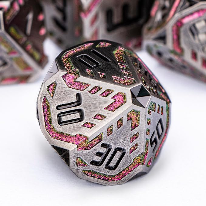 Metal DND Sci-fi Dice Set 7PCS Stripe Polyhedral Dice for Dungeons Dragons RPG Role Playing Game, Glitter D and D Dice with Gift Box D6 D8 D10 D12 D20 (Grey&Purple Red)