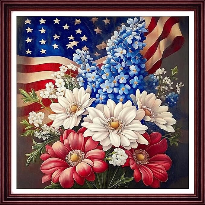 Redxing Stamped Cross Stitch Kits Full Range of Embroidery Starter Kits- Needlepoint Counted Cross Stitch Kits for Beginner Adults 11CT Printed Embroidery Kit-National Flag Flowers 18x18 inch