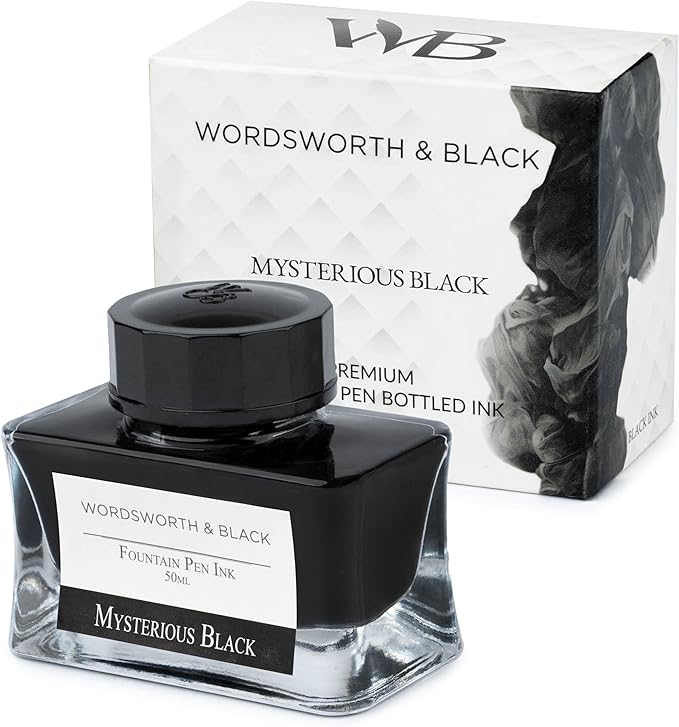 Wordsworth and Black Fountain Pen Ink Bottle (50 ml) Premium Luxury Edition, [Mysterious Black] Fountain Pens Bottled Ink; Classic Designed Bottle Smooth Flow 50 ml