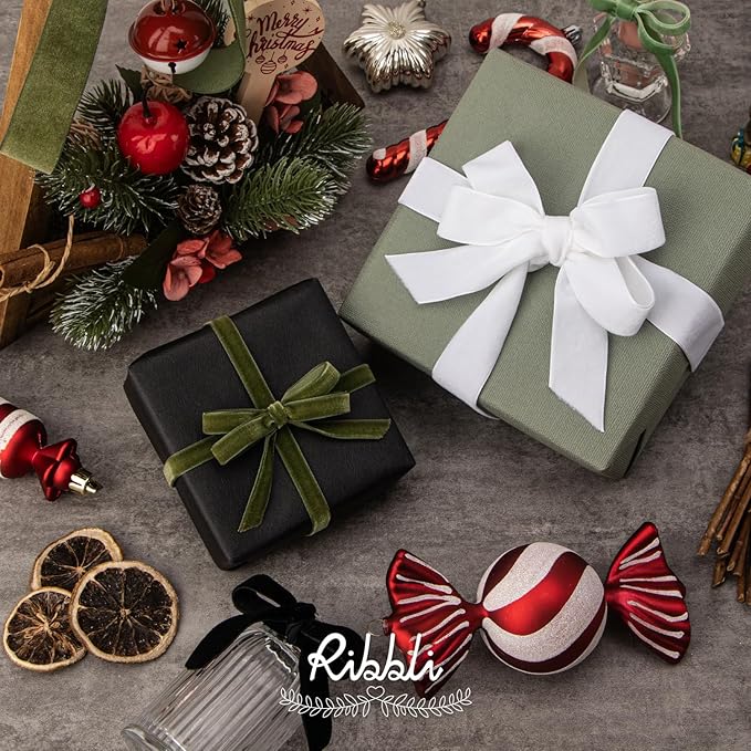 Ribbli Polyester White Velvet Ribbon,1 Inches Continuous10-Yard Spool,Christmas Ribbon for Gift Wrapping,Floral Bouquets, Home Decor