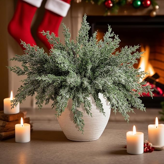 10 Packs 16.5" Artificial Christmas Snow Pine Branches, Snow Flocked Faux Greenery Norfolk Pine Sprigs Cypress Stems, White Frosted Fake Foliage Pine Needle Picks for DIY Craft Garland Home Decor