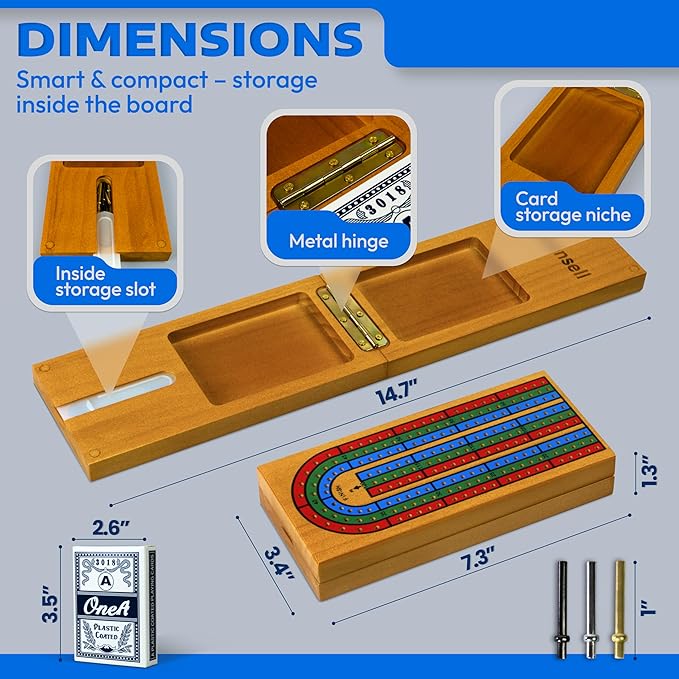 Cribbage Board Game Set with Storage - Classic Game Travel Cribbage Board with Wooden Card Storage for Adults & Kids - Ideal for Game Night