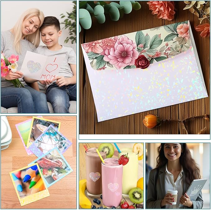SHENLIU 60 Sheets Holographic Laminate Sheets Clear Glitter Vinyl Sticker Paper Holographic Overlay Self Adhesive Waterproof Transparent Film for Sticker Paper, 11.7 x 8.3 Inch (Gem Patterns)