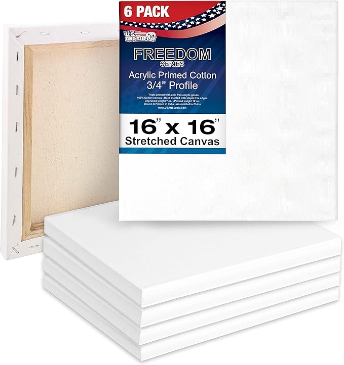 U.S. Art Supply 16 x 16 inch Stretched Canvas for Painting, 12oz Triple Primed, 6-Pack - Professional Artist Quality White Blank 3/4" Profile, 100% Cotton, Heavy-Weight Gesso - Acrylic Pouring, Oil
