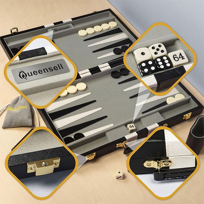 Backgammon Sets for Adults – 15-Inch Black PU Leather Board Game Set – Classic 2-Player Travel Backgammon Set with 32 Playing Pieces, Dice, and Cups