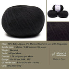 Pullu - Baby Alpaca Merino Wool Yarn Set of 3 Skeins (150 Grams) Worsted Weight - Sourced Directly from Peru - Heavenly Soft and Perfect for Knitting and Crocheting (Black)