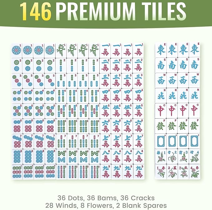 Chinese Mahjong Game Set 146 Qulity Mahjong Green Tiles 1.4-inch Chinese Mahjong Game Set with Blue Printed Carrying Bag [中式麻將 專業套裝](Tiles ONLY, Racks Not Included)