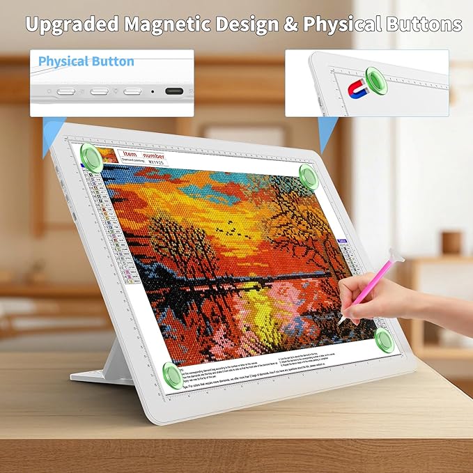 TOHETO Rechargeable A3 Light Board with Stand, Bag, Super Bright Magnetic Light Pad with Side Buttons, Wireless Light Box for Tracing and Drawing, Cordless Light Table for Diamond Painting, Sketching