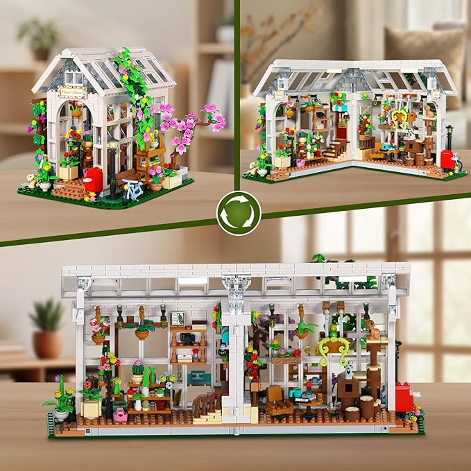 HOGOKIDS Flower House Building Set with LED Light - 1332 PCS Garden House Buiding Toy with Flowers Potted Plants Parrot Cat Animals Playset Greenhouse Model Xmas Gift for Adults Teens Girls Ages 8+
