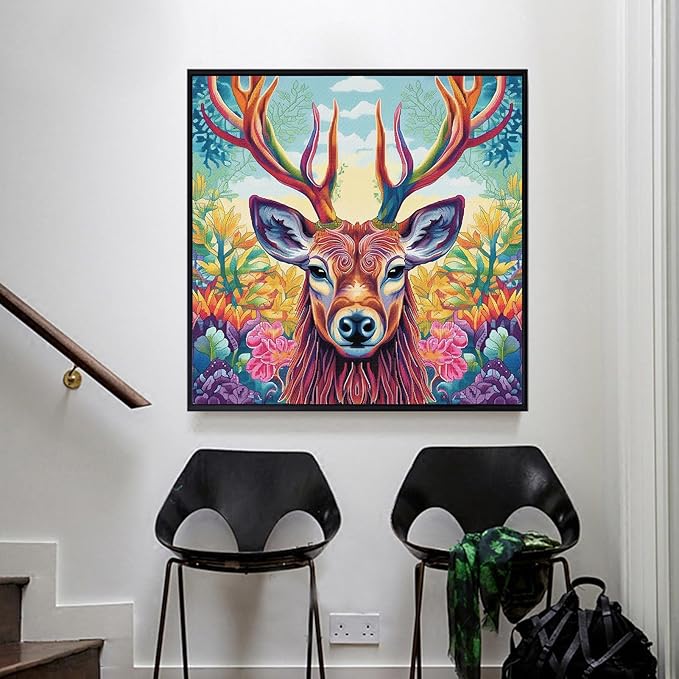51buyoutgo 11CT Stamped Cross Stitch Kits for Adults - 16x16 in Beginner Embroidery Kit with Easy Funny Washable Animal Deer Pattern, Pre Printed Fabric, Fit for DIY Home Decor, Gifts & Stress Relief