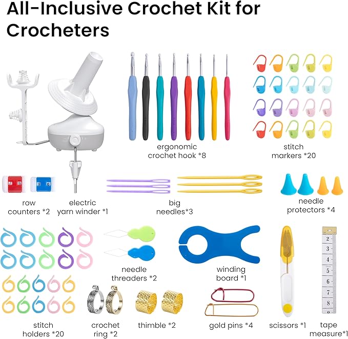 Etcokei Yarn Winder Crochet Kit, Electric Ball Winder for Knitting, Automatic Yarn Spinner Winder with Crochet Hook Set, Crochet Accessories, Ideal Helper for Knitting Lovers(White)