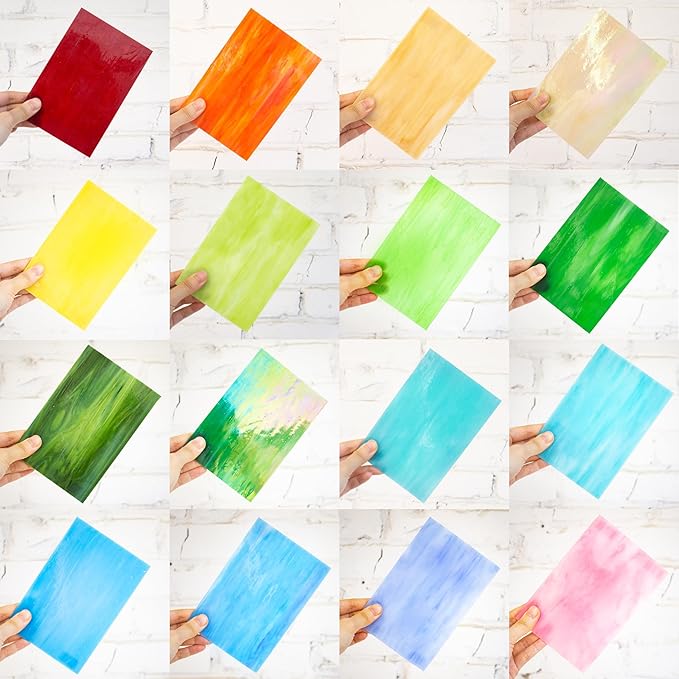 16 Sheets 4x6 in Iridescent Stained Glass Sheets, Glass Cathedral Art, Mosaic Glass, Supplies with Copper Foil Tape and Gloves for DIY (Opaque)