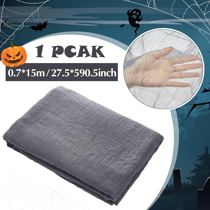 Boao Halloween Cheese cloth 27.56 x 590.55 Inch Gray Cheesecloth Roll for Crafts Large Cotton Muslin Gauze Fabric for Halloween Outdoor & Indoor Spooky Decoration
