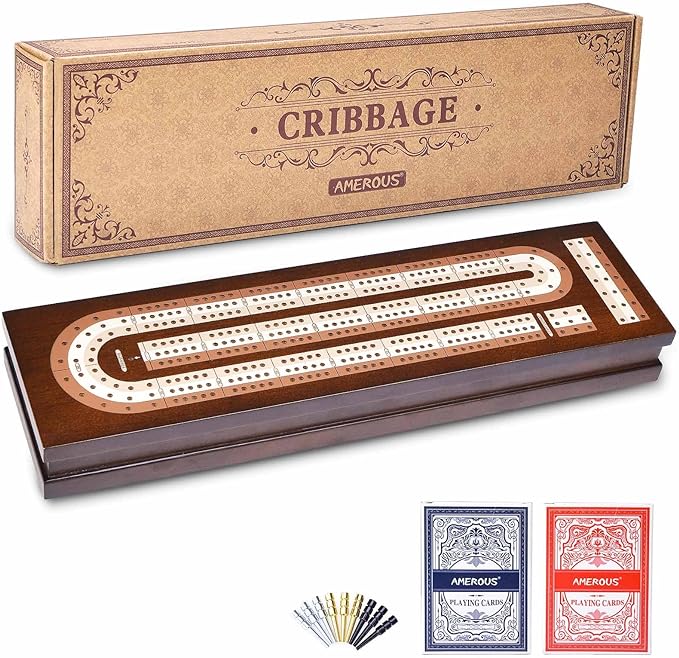 AMEROUS Wooden Cribbage Board Game Set with Magnetic Lock - Metal Pegs - 2 Playing Cards - Continuous 3 Track Board - Larger Storage Area, Travel Portable Cribbage Game Sets for Family