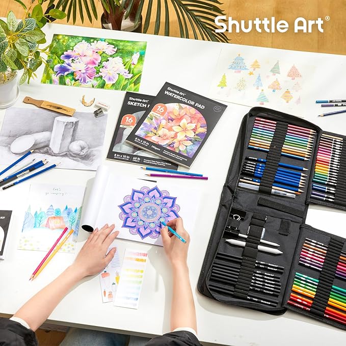 Shuttle Art 103 PCS Drawing Kit, Professional Drawing Supplies with Sketch, Charcoal, Colored, Graphite, Pastel Pencils & Sticks, Complete Drawing Tools and Paper Pads in Zipper Case for Artists&Kids