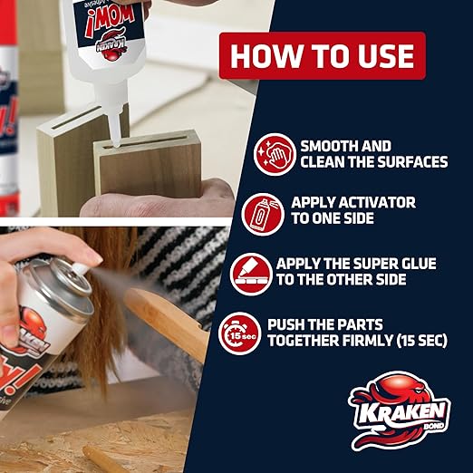 Kraken Bond Wow! CA Glue Set (4x3.5 oz) with Activator (2x13.5 oz) –Super Fast Cyanoacrylate Adhesive Kit for Wood, Plastic, Ceramic, Craft -DIY Repair –4 X Ext. Bottles & 10X Nozzles Inc. 2 Pack