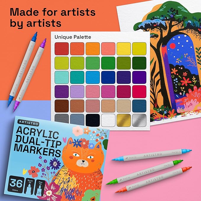 ARTISTRO 36 Dual Tip Brush + Fine Acrylic Paint Markers - Easy for All Ages & Levels Paint Pens for Fabric, Rock, Glass, DIY - Halloween Pumpkin Painting Kit, Art Supplies, Christmas Gift