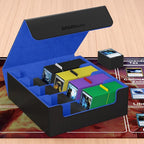Mlikero Card Deck Case, 2400+ Trading Card Storage Box with 10 Colorful Dividers and 4 Foam Stoppers, Leather Magnetic Closure Commander Deck Box Fit for MTG, TCG (4 Rows, Black&Blue)